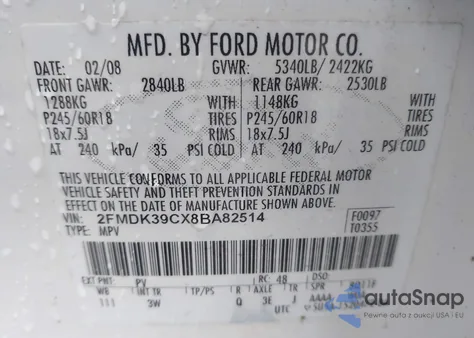 2008 Ford Edge Limited z USA, uszkodzony, nr VIN 2FMDK39CX8BA82514